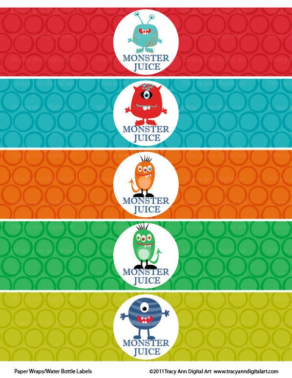 Monster Printable Water Bottle Wraps Paper Ribbons
