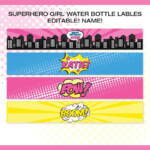 Superhero Girl Water Bottle Labels EDITABLE NAME 4 Designs