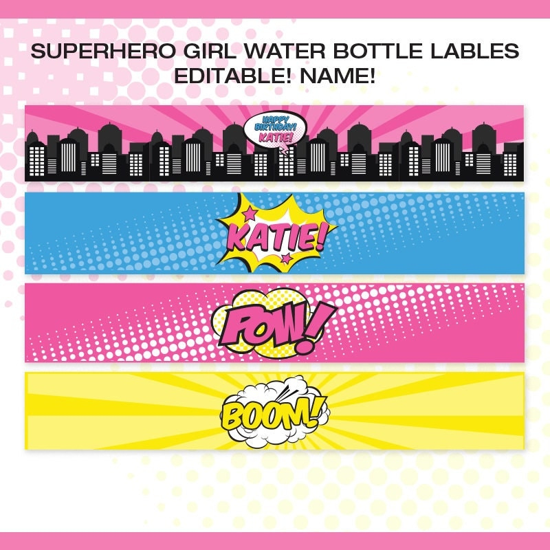 Superhero Girl Water Bottle Labels EDITABLE NAME 4 Designs