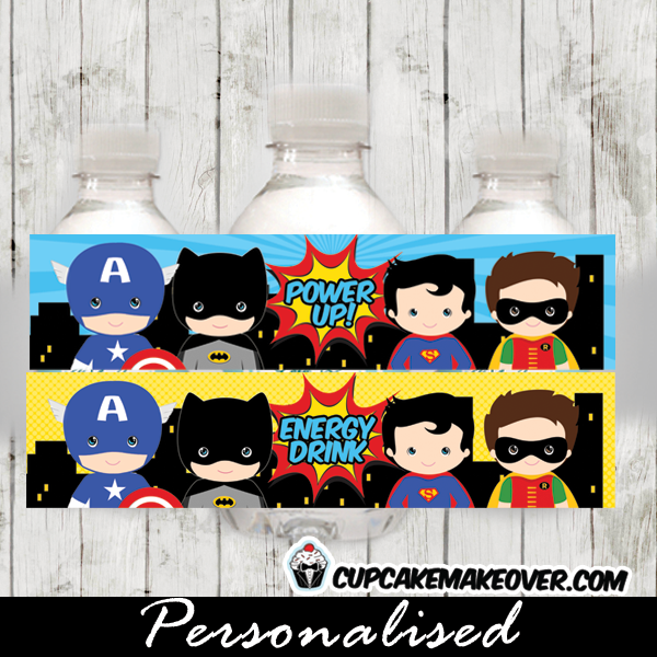 Superhero Water Bottle Labels INSTANT DOWNLOAD Cupcakemakeover