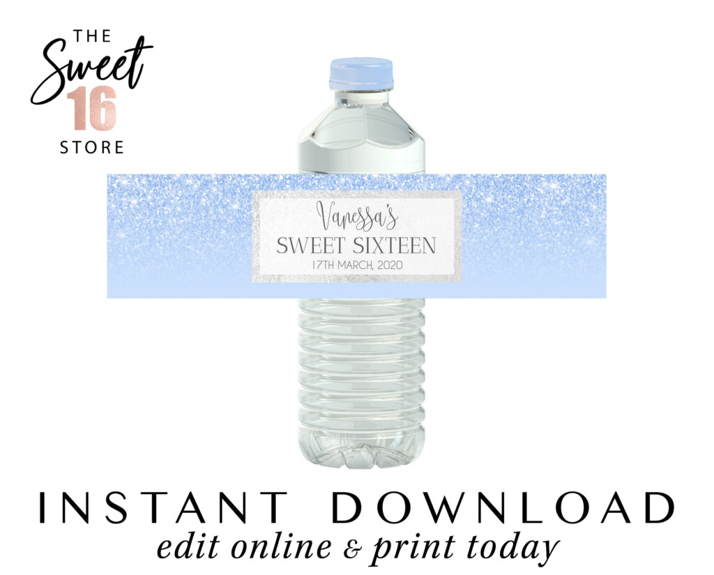 Sweet 16 Drink Stickers Blue Glitter Sweet Sixteen Water Etsy Print 